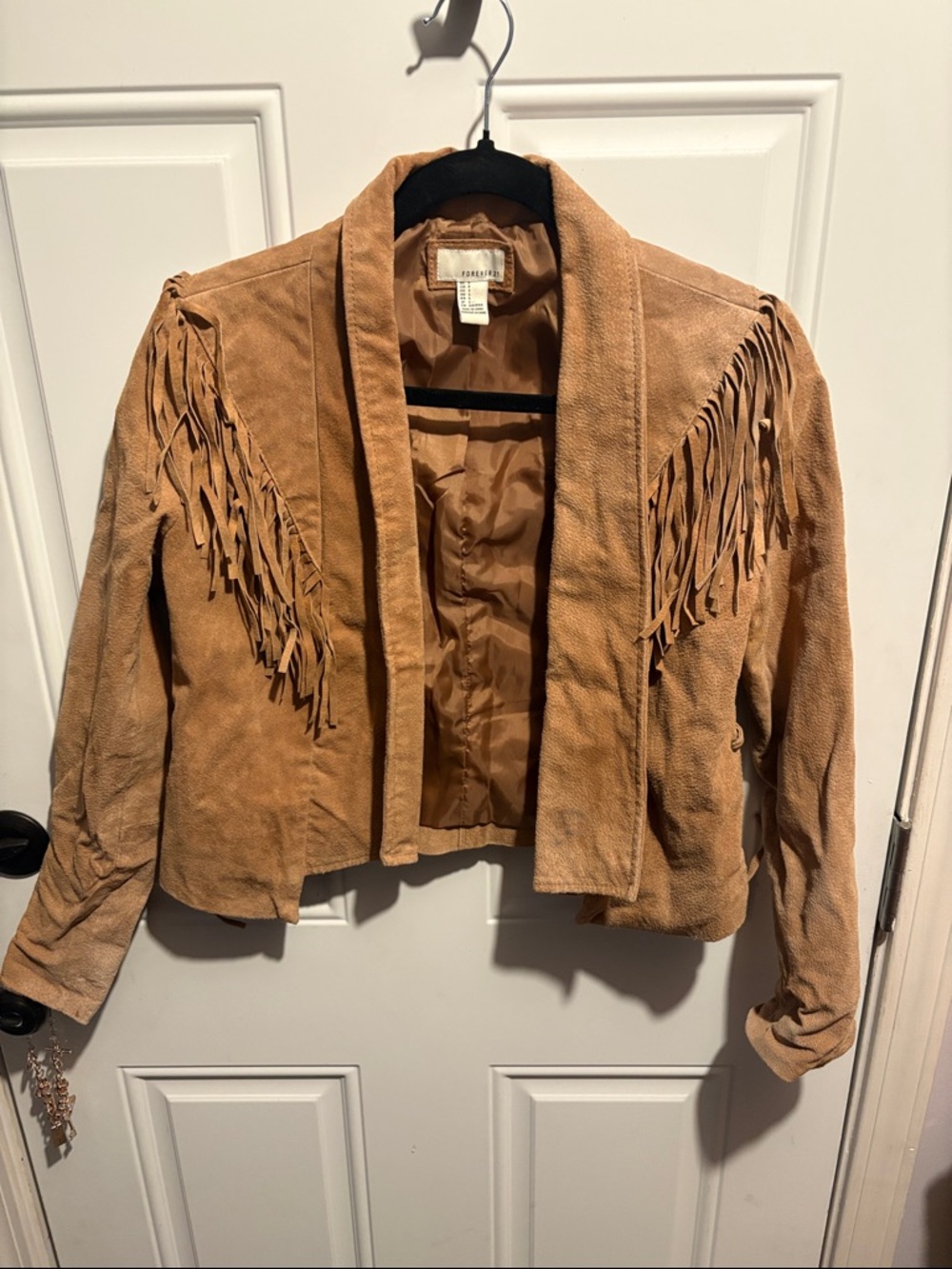 Forever 21 Tan Suede Fringe Open Front Jacket
